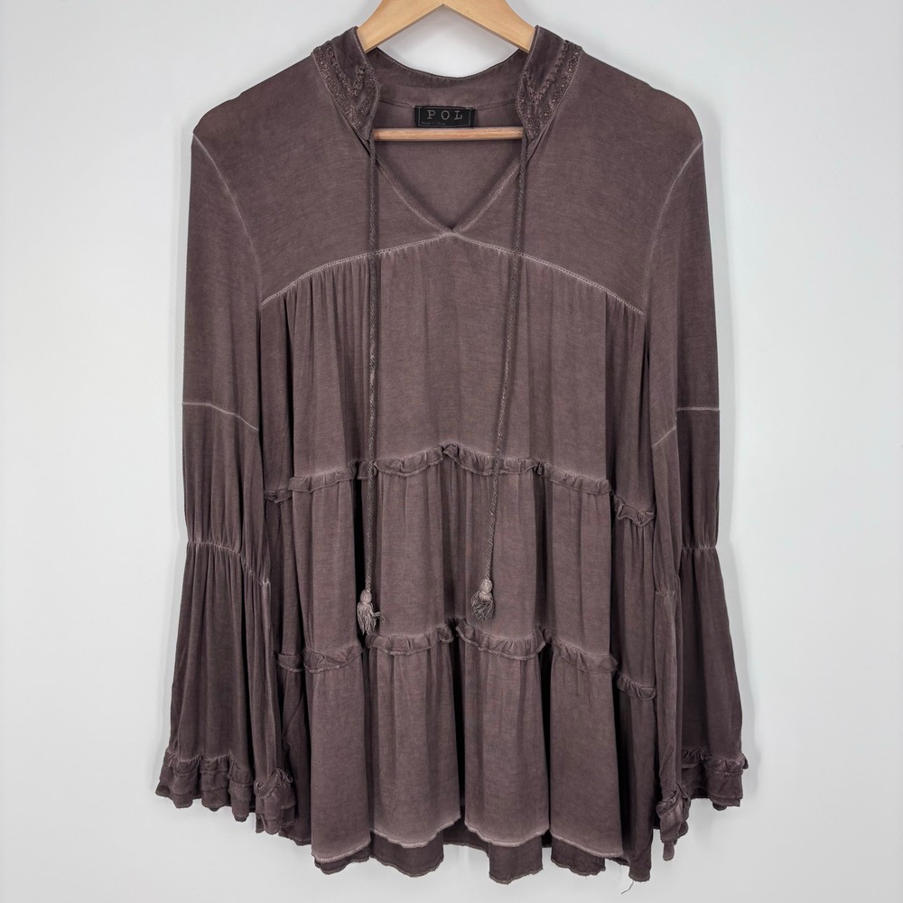 POL Tiered Ruffle Bell Sleeve Tassel V-Neck Tunic Top Women Small Brown Flowy